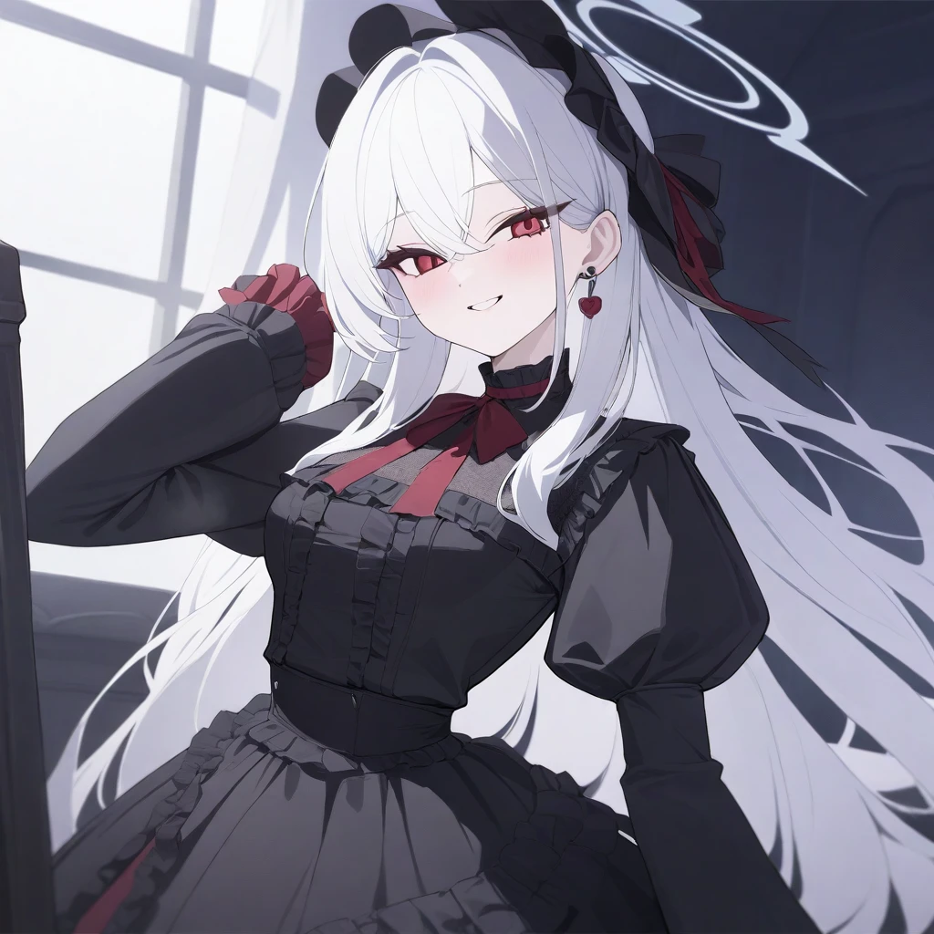 \(blue_archive\) best_quality newest_masterpiece, detailed, high quality, absurdres, Vodina, 1girl, solo, long hair, white hair,red at the end of hair,red eyes,Lolita dress,red and black dress,black earrings,blue archive styles, almost pure smile also wicked