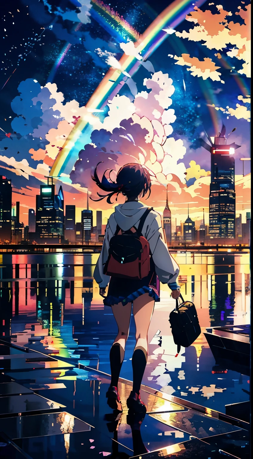 ((Rainbow Giant))、Anime girl looking at the big city scenery,Near future city、 Makoto Shinkai Cyril Rolland, anime art wallpaper 4k, anime art wallpaper 4k, Anime Art Wallpapers 8K, Inspired by Cyril Rolland, Dan Mumford's Artwork Style, Awesome Wallpapers, By Yuumei