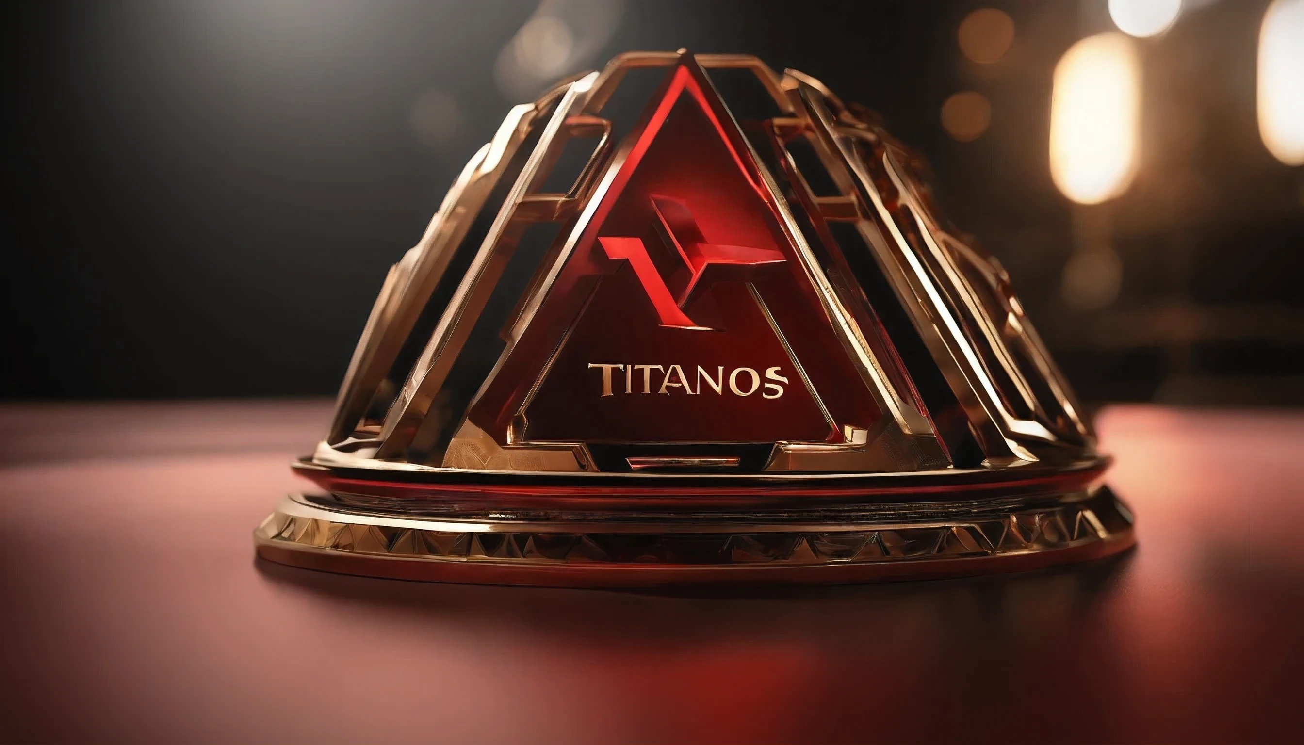 Create a 3D logo for TitanOS in 1920x1080, inspired by "Titan", with a futuristic emblem, angular lines and text "TitanOS". Use crimson red or golden orange colors with metallic effects/shiny. Render with high quality.