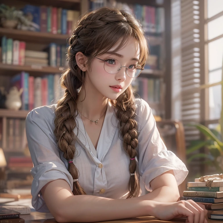 librarian、Clean look、White blouse、Tight Skirt、Glasses(masterpiece:1.3), (8k, Realistic, RAW Photos, Best image quality: 1.4), Japanese 、26 years old,(Random Hairstyles:1.2)、Cleavage:1.2、Highly detailed face、Attention to detail、double eyelid、Chest to chest、Sharp focus:1.2、Beautiful woman:1.4、Light brown hair、Highest quality、masterpiece、Ultra-high resolution、(Realistic:1.4)、Highly detailed and professionally lit smiles、She is looking for a book、Braiding、Remember
