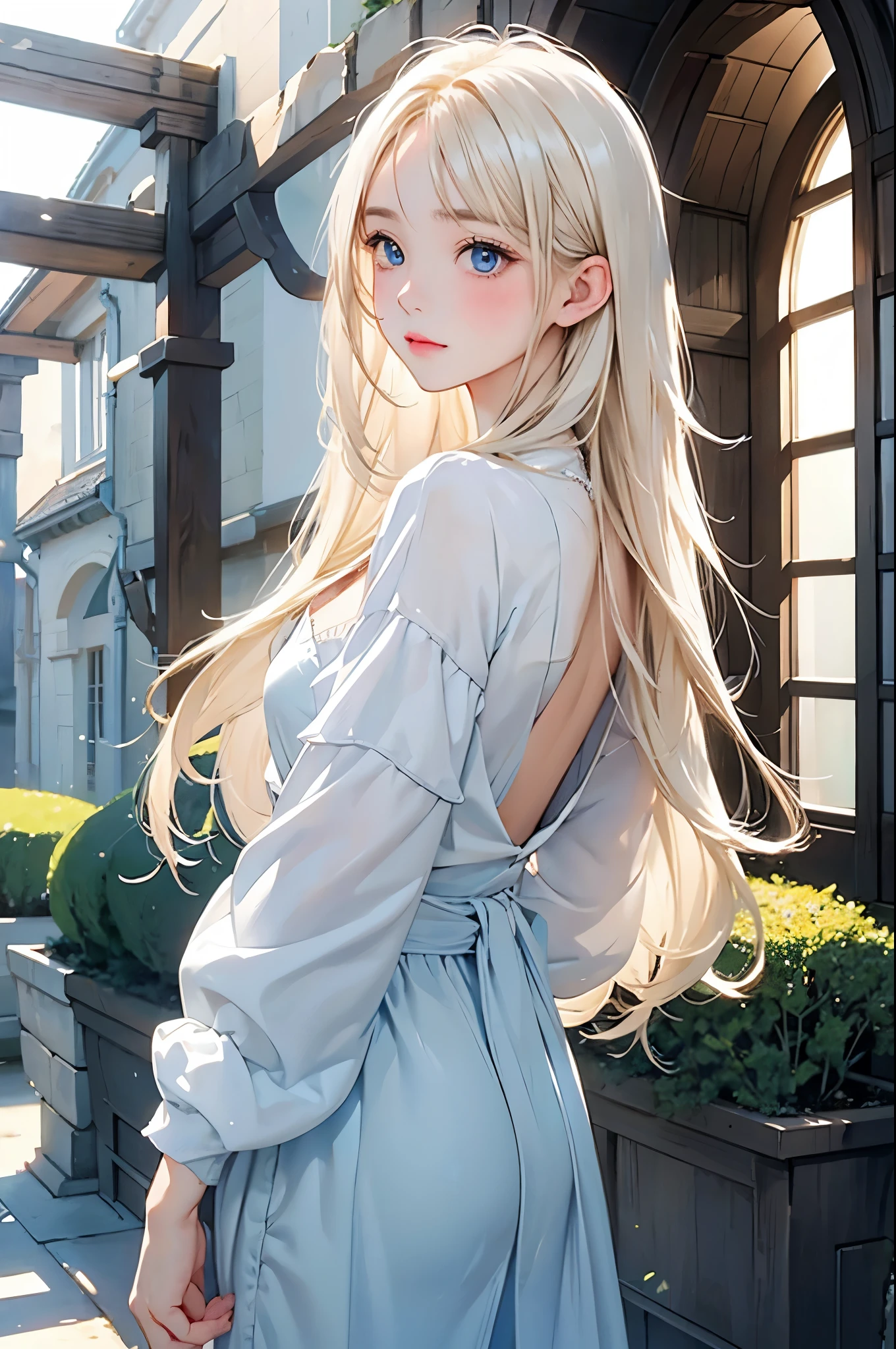 Beautiful white and shining skin、Blonde hair changes color depending on how the light hits it.、Long bangs obstruct the view、Highlights of cheek luster、Sexy, very beautiful, adorable, cute, gorgeous face、The most beautiful face in the world、Super long and gorgeous blonde hair、Smooth straight hair、big, light blue eyes shimmering、Beautiful Bangs、Beautiful and cute 16 year old girl、look back、small breasts, cleavage, from backside:1.4, background:GB
