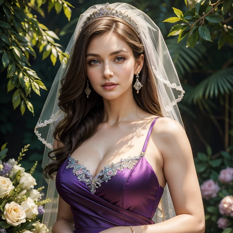 (​masterpiece, best quality:1.5), highest quality, High resolution, super detailed, Realists, Upper body photo of a brunette 50 year old woman, detailed and beautiful eyes, beautiful detailed lips, very detailed eyes and face, longeyelashes, Green mother of the bride dress made of shiny satin fabric, Beautiful and colorful makeup, elegant and noble々Pose,shiny satin headband, grind, Holding flowers, Gardens as background, soft daylight, bright colors, fine brushstrokes, Portrait style, Noble details in the dress fabric, beautiful color palette, glowing skin, First-class rendering, that captures every detail, enchanting atmosphere, subtle shadows and lights, (perfect anatomy:1.2), (The stunning mother of the bride stands next to a bridesmaid in a purple dress with a pink bow around her belly, (magnificent panorama view:1.2)