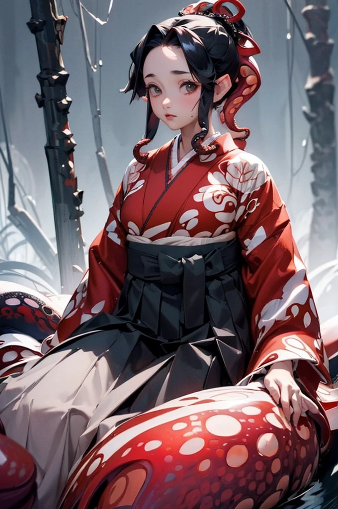 (((beautiful))), (((Red and black kimono, Tentacles wrapped around limbs))), ((Black Hair, parted bangs, forehead, ponytail, Chubby)), One Woman, Large Breasts, Huge Saggy Tits, Cleavage, Glowing Skin, (((Intricate details))), High resolution, ((Intricate details, Ultra-detailed)), Sitting, from front, wide shot, (looking at viewer, look at viewer), Red cheeks, painful, depressed, night,