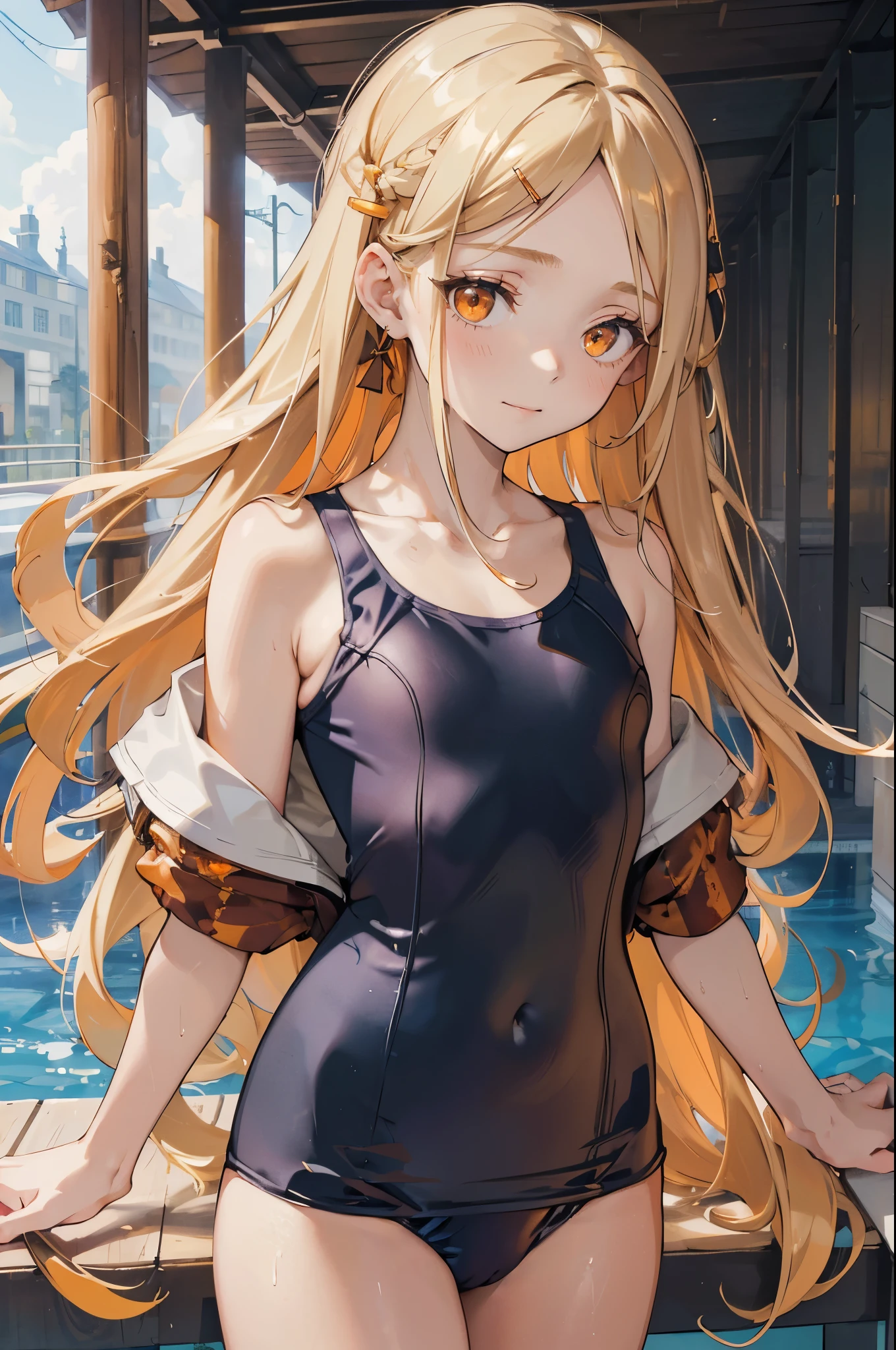 masterpiece, ultra detailed, 8k portrait, RAW photo, portrait photography, Highly detailed face, beautiful and meticulous eyes, (amber color eyes:1.5), , smile:1.5, standing:1.5, poolside, (school swimsuit:1.5) cute girl, cameltoe:1.2, long hair, (white blond shoulder length hair:1.5), show forehead, one side parted hair, hairpin, (sleepy face:1.2), young girl, 1girl, cute girl, pretty girl, portrait of cute girl, 159cm, 41kg, slim:1.5, flat chest:1.5,