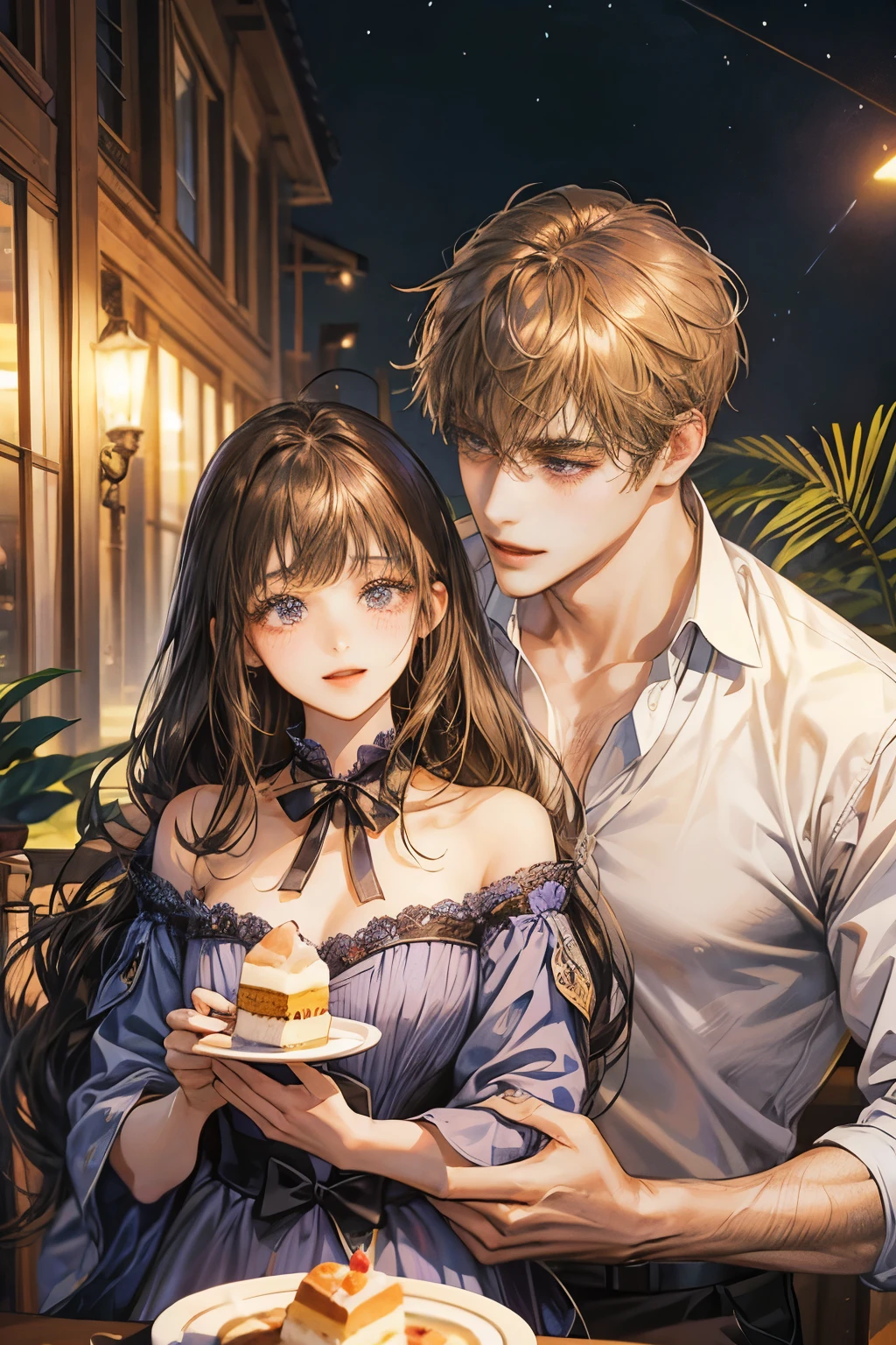 One girl and one guy, smile, Open your mouth, Long Hair, bangs, Brown Hair, Simple Background, ribbon, Long Hair, Purple eyes, girl eating roll cake,Droopy Eyed Girl,Girl eating cake with fork,Man stroking a girl head,Men and women having tea at a cafe,女の子の隣に座る男,紫の髪の男