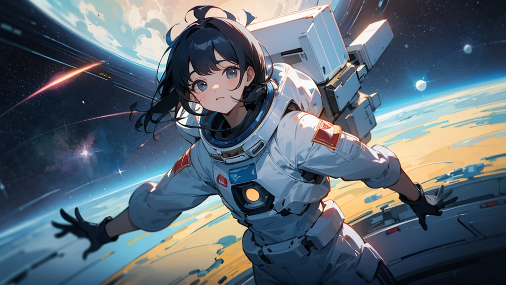 asian girl in the space on alien planet between polar star and big dipper