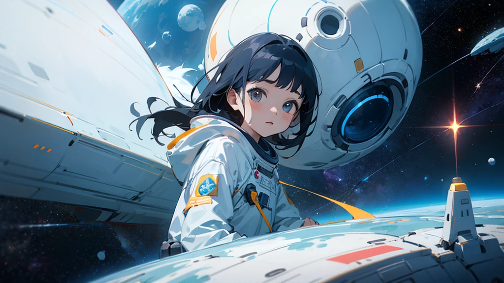 asian girl in the space on alien planet between polar star and big dipper