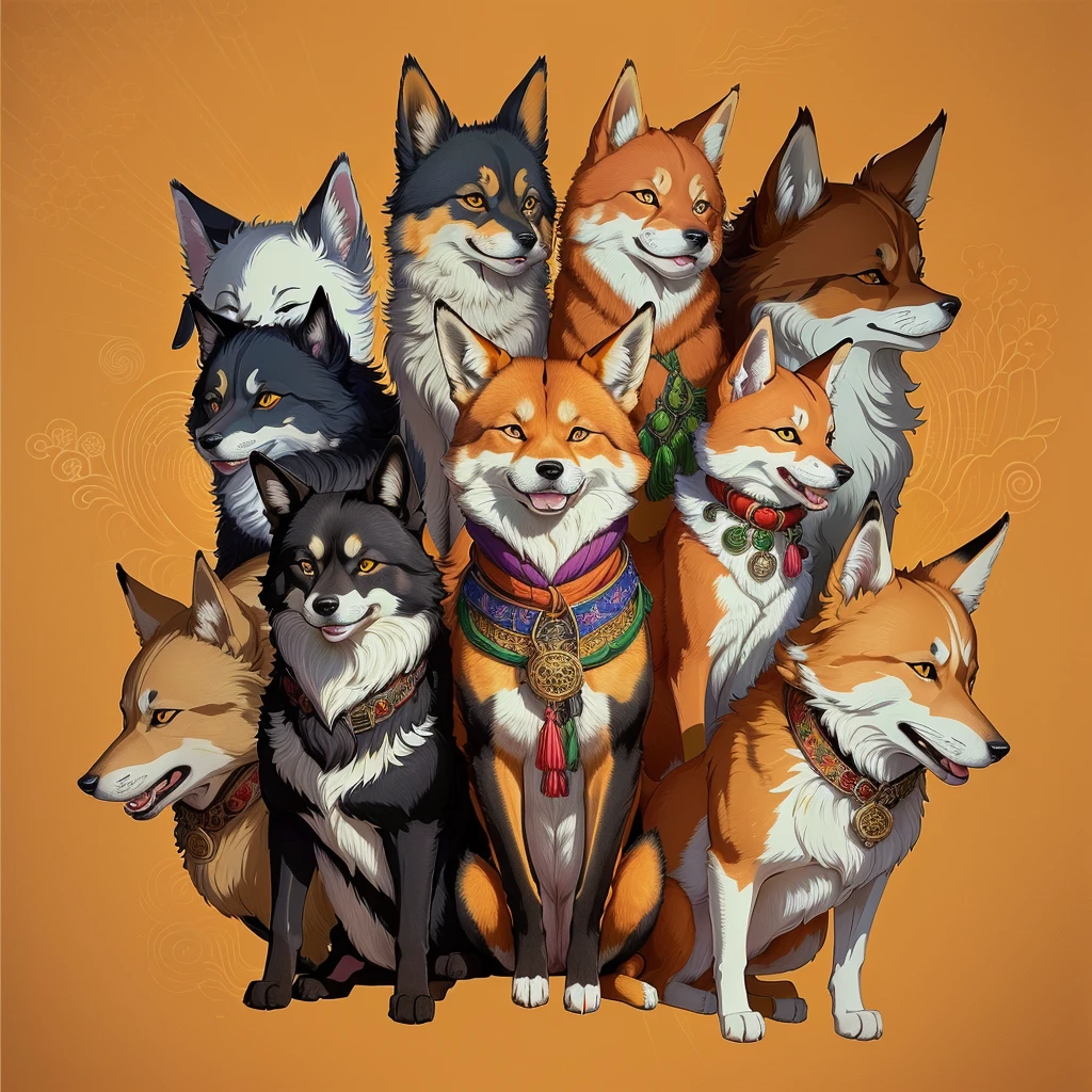 A drawing of a pack of dogs with a cat and a dog in the middle, Inspired by Shiba Kokan, fur art!!!, Fursona Art, Official Fan Art, Studio Ghibli Wind Mononoke, Colorful Fox City, Full Art illustration, Inspired by Don Bluth, Anime Poster, Full Art, Inspired by Louis Wain, Traditional Arts, Full Poster