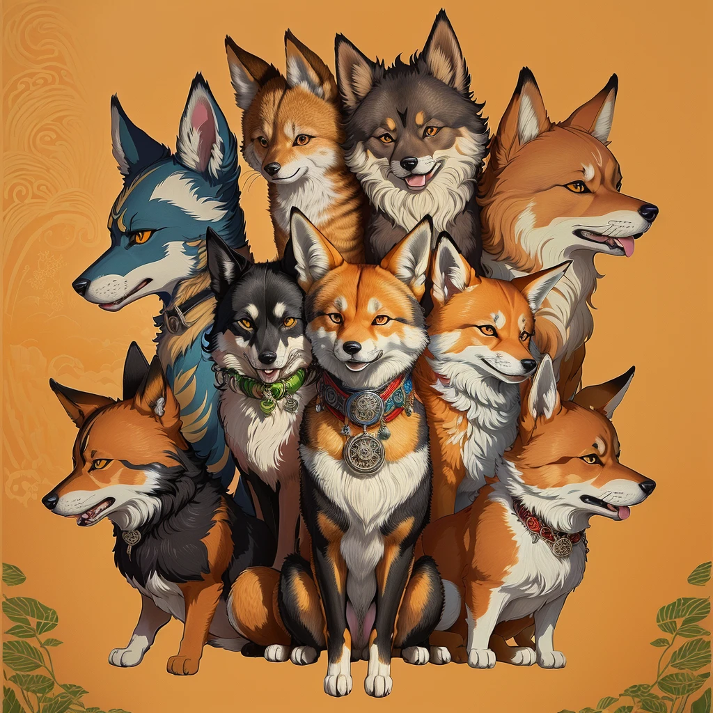 Top quality, ultra-fine illustrations, picture book cover, four-headed body (association, colorful stained glass with shimmering light, gold picture frame frame with tangled grass) (very detailed beautiful face and eyes) absurd perfect anatomy ((((beastman))) (dog groom in tuxedo, cat bride in wedding dress, fox in pastor's clothes, wedding photo, bouquet of beautiful flowers) ( Furry Antro: 1.7) ((furry body, animal facial features, animal body features))) (((muzzle of the animal, very detailed fur)))) full body, smile (dynamic pose),