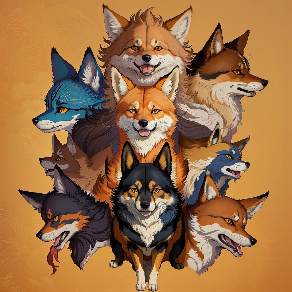 A drawing of a pack of dogs with a cat and a dog in the middle, Inspired by Shiba Kokan, fur art!!!, Fursona Art, Official Fan Art, Studio Ghibli Wind Mononoke, Colorful Fox City, Full Art illustration, Inspired by Don Bluth, Anime Poster, Full Art, Inspired by Louis Wain, Traditional Arts, Full Poster