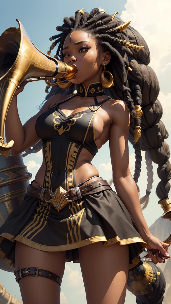 (masterpiece, highest quality, ultra high res, ultra detailed:1.3), 1 cute girl, ideal ratio body proportions, a national costume with a zigzag print, (black fine dreadlocks:1.3), (blowing a horn:1.4),