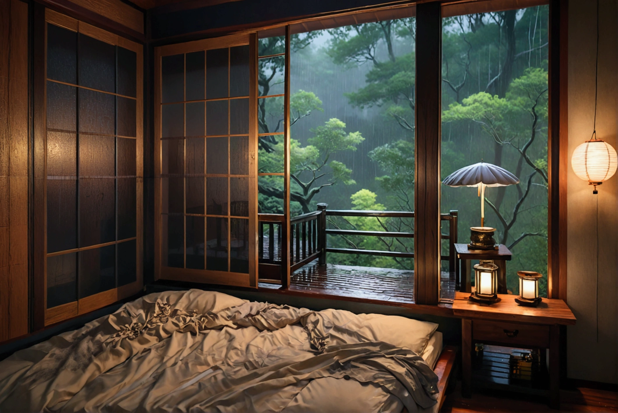 bed in the bedroom next to the window, detailed matte image, inspired by Kanō Hōgai, large window overlooking the forest at night, rain pouring down, Japanese shrine, very beautiful and ethereal