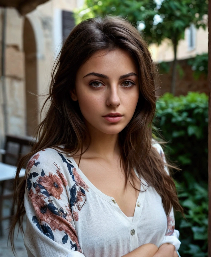 Very beautiful, attractive and sexy Italian girl, 25 years old, short casual fashion clothes, light brown hair, messy hair, realistic image and precise details of the face and body, high quality realistic image, 8k photo, Professional photography