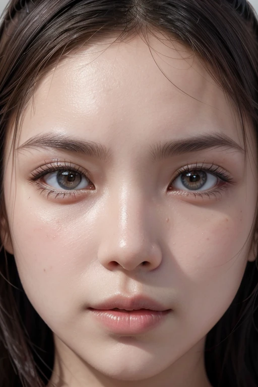 An extreme close-up of a Thai woman's face, captured with a macro lens to reveal the intricate details of her skin, the fine texture of her pores, and the natural tones of her complexion. Her eyes sparkle with lifelike clarity, reflecting light that highlights their depth and emotion. The delicate curve of her lips is rendered in stunning detail, showing the subtle variations in color and the smoothness of her skin. Every aspect of the image, from the soft wisps of hair framing her face to the g