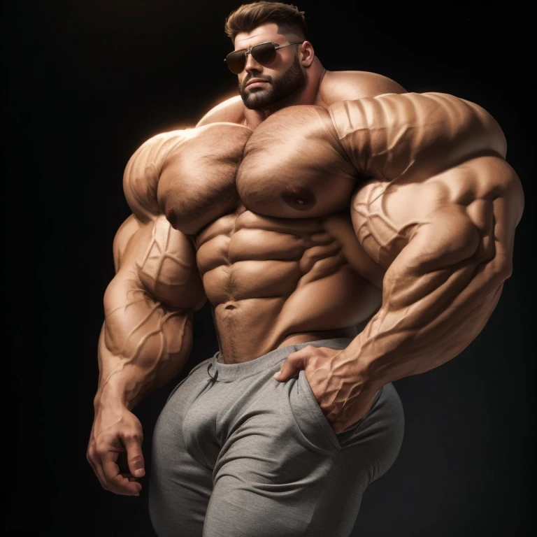 Bulge, hyper growth, hyper muscles, furry growth, a very handsome young man massively large and very tall, sunglasses, shirtless wearing a gray long pants, massively muscular, with massively large muscles, huge muscles, exaggeratedly huge muscles, with massively large biceps, with massively large arms, with massively large chest, with massively large shoulders, with massively large muscular body, massively large upper body, with a massively large bulge, exaggeratedly huge bulge, on a black background