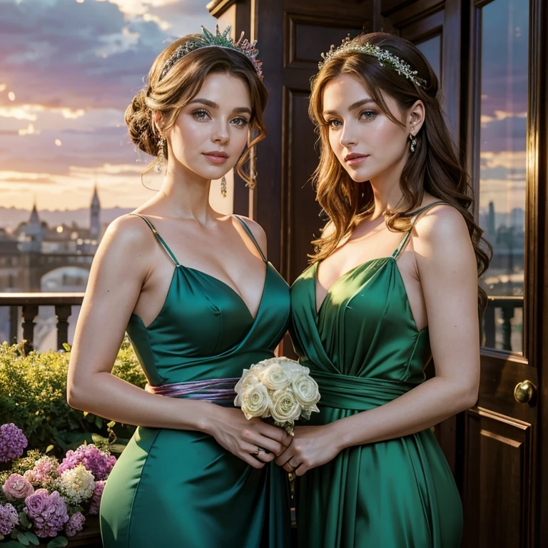 (​masterpiece, best quality:1.5), highest quality, High resolution, super detailed, Realists, Upper body photo of a brunette 50 year old woman, detailed and beautiful eyes, beautiful detailed lips, very detailed eyes and face, longeyelashes, Mother of the bride in a green dress made of shiny satin fabric, Beautiful and colorful makeup, elegant and noble々Pose,shiny satin headband, grind, Holding flowers, Gardens as background, soft daylight, bright colors, fine brushstrokes, Portrait style, Noble details in the dress fabric, beautiful color palette, glowing skin, First-class rendering, that captures every detail, enchanting atmosphere, subtle shadows and lights, (perfect anatomy:1.2), (The stunning mother of the bride in a green dress stands next to a bridesmaid in a purple dress with a pink bow around her belly, (magnificent panorama view:1.2)