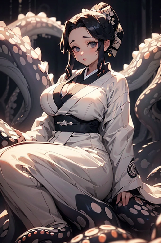 (((beautiful))), (((Black and white kimono, caught in tentacles))), ((Black Hair, parted bangs, forehead, ponytail, Chubby)), One Woman, Large Breasts, Huge Saggy Tits, Cleavage, Glowing Skin, (((Intricate details))), High resolution, ((Intricate details, Ultra-detailed)), Sitting, from front, wide shot, (looking at viewer, look at viewer), Red cheeks, painful, depressed, night,