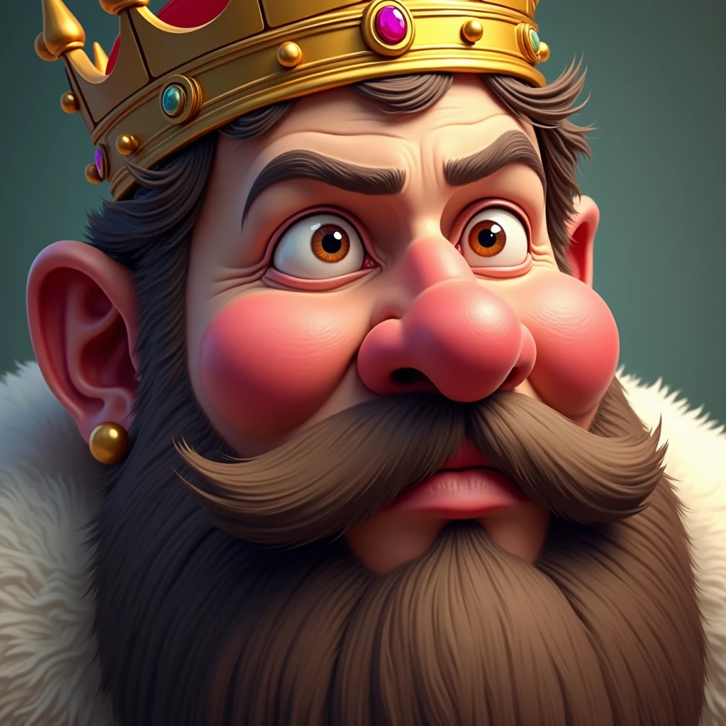 "Illustrate a hyper-realistic close-up image of a king's face, with a thick beard and a richly adorned crown. The king's eyes are rolled back, and his cheeks are puffed out as if he is holding his breath, creating a humorous look. The background is softly blurred, focusing on the king's comical and exaggerated facial features."