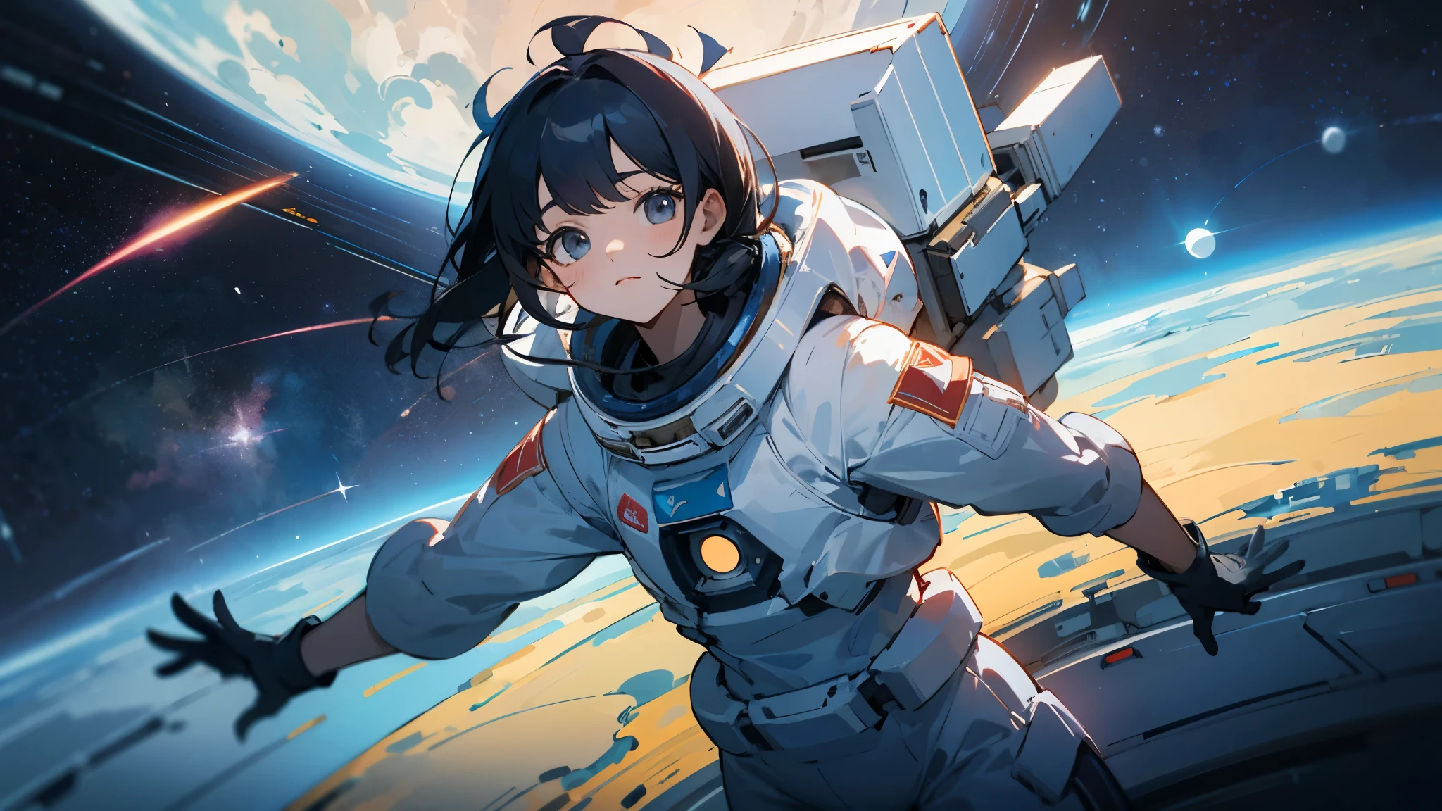 asian girl in the space on alien planet between polar star and big dipper