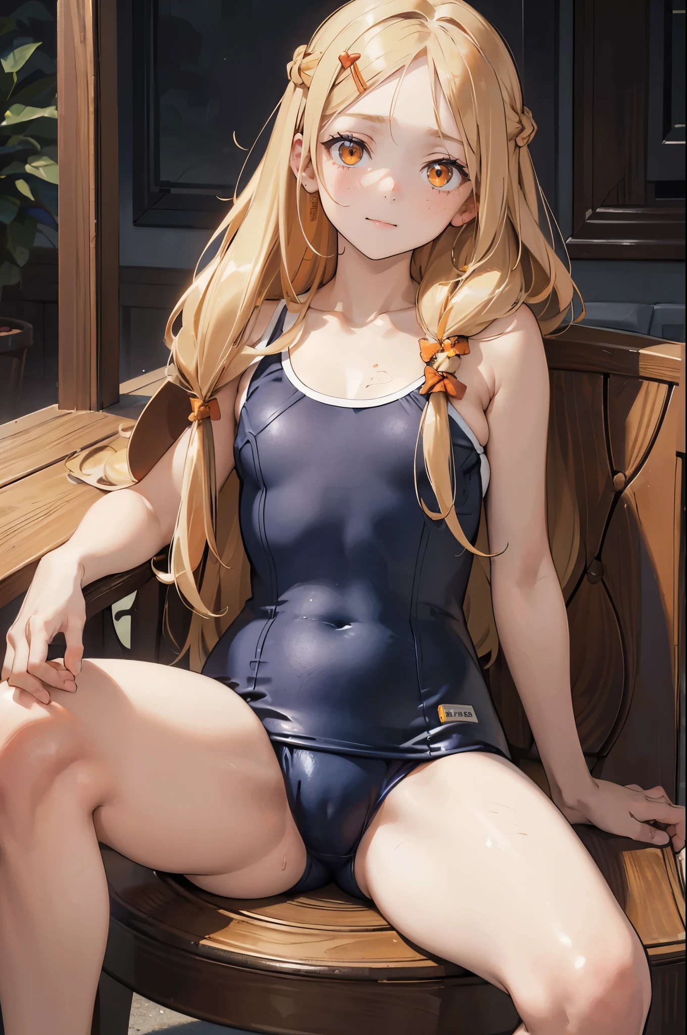 masterpiece, ultra detailed, 8k portrait, RAW photo, portrait photography, Highly detailed face, beautiful and meticulous eyes, (amber color eyes:1.5), , smile:1.5, (sitting and spread legs:1.5), poolside, (school swimsuit:1.5) cute girl, cameltoe:1.2, long hair, (white blond:1.5 shoulder length hair:1.5), show forehead, one side parted hair, hairpin, (sleepy face:1.2), young girl, 1girl, cute girl, pretty girl, portrait of cute girl, 159cm, 41kg, slim:1.5, flat chest:1.5,