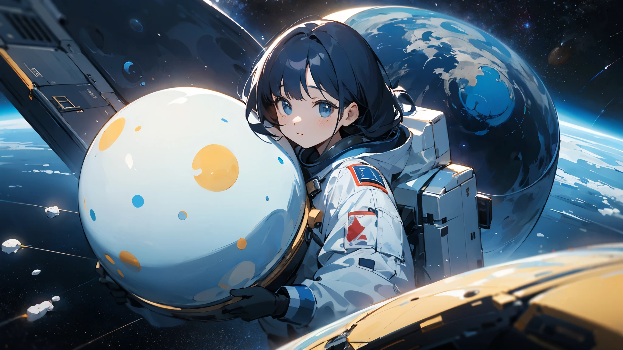 asian girl in the space on alien planet between polar star and big dipper