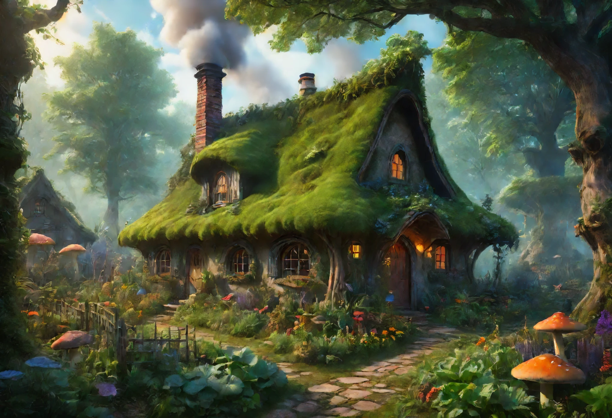 Cozy witch cottage deep in the fantasy forest, Comes with a bouncing mushroom roof, Thick smoke billowed from the chimney, and a giant, wonderfully well-tended vegetable garden,Style similar to john constable Surreal, 8K, bright colors, Clear and sharp images
