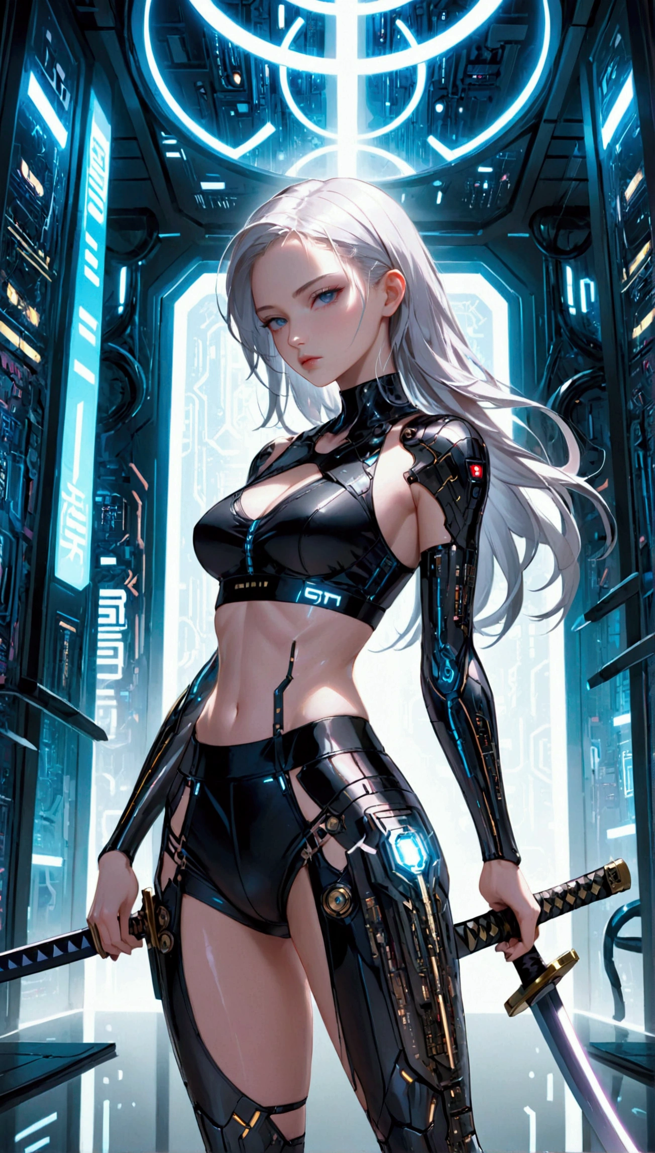 a futurist female warrior holding a katana, (finely detailed skin), pale skin, (in a deep neckline highly detailed sexy futurist cyberpunk black crop top and underpants made of circuit boards, Japanese words with reflection effect, beautiful epic composition, futurist, work of art, appealing, posing fror a picture