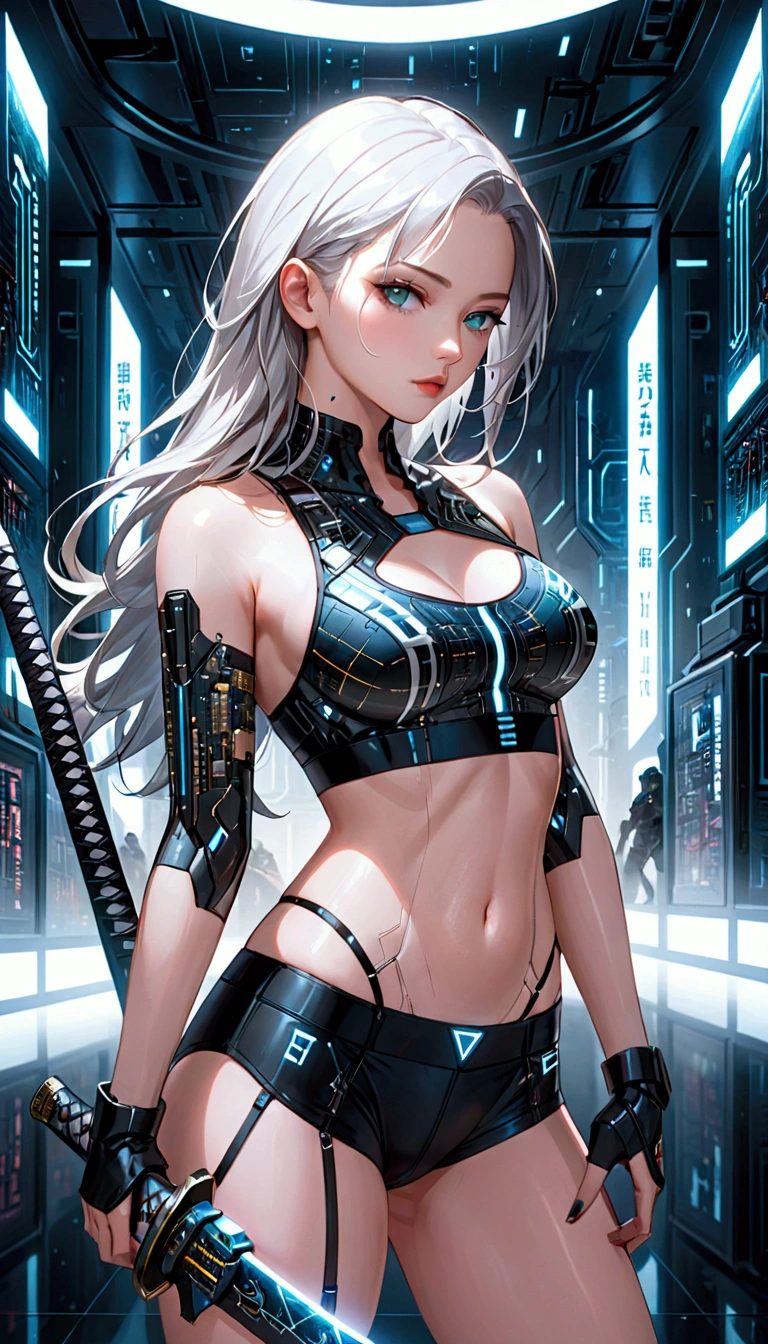 a futurist female warrior holding a katana, (finely detailed skin), pale skin, (in a deep neckline highly detailed sexy futurist cyberpunk black crop top and underpants made of circuit boards, Japanese words with reflection effect, beautiful epic composition, futurist, work of art, appealing, posing fror a picture