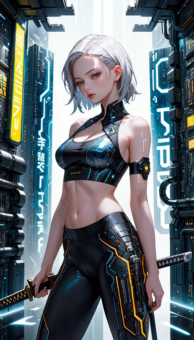 a futurist female warrior holding a katana, (finely detailed skin), pale skin, (in a deep neckline highly detailed sexy futurist cyberpunk black crop top and underpants made of circuit boards, Japanese words with reflection effect, beautiful epic composition, futurist, work of art, appealing, posing fror a picture