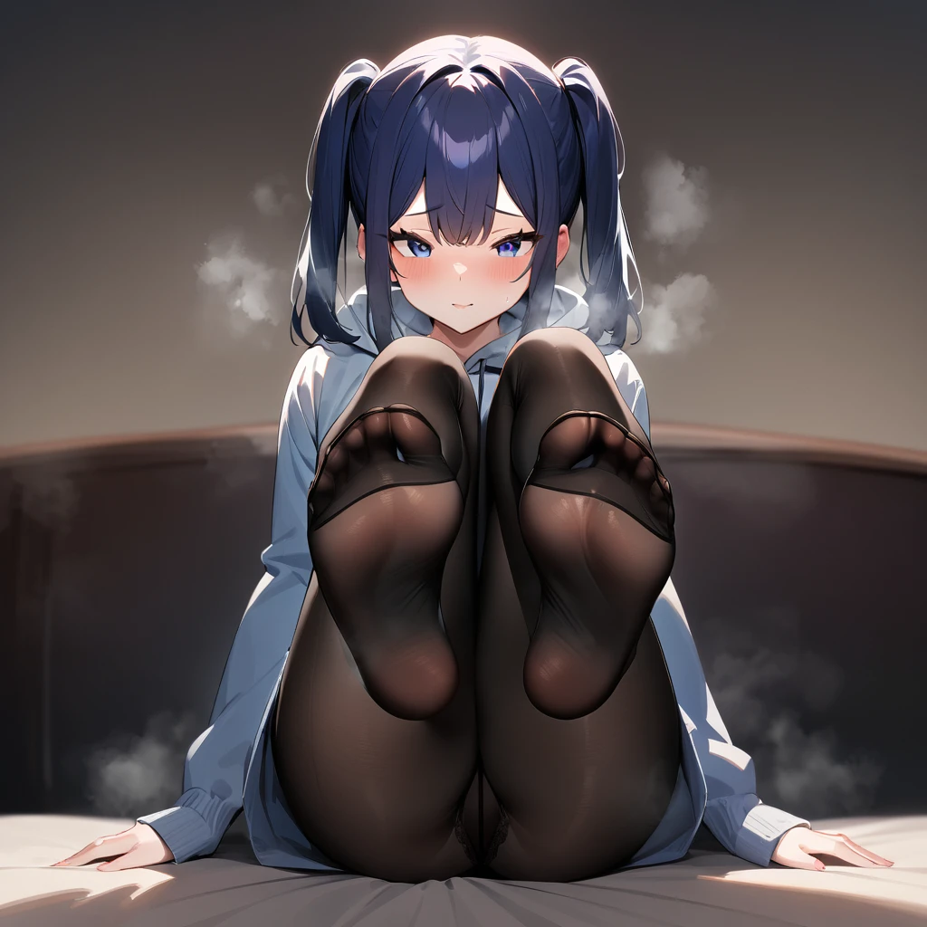 Masterpiece,best quality,very aesthetic,absurdres,(1girl),Solo,sideLOCKS,darkbluehair,two side up,Sitting,(Legs:1),soles,straight-on,Thighs,(tights),(Perfect Anatomy),(Steaming body:1),(Heavy Breathing:1),knees up,masterpiece, best quality, very aesthetic, absurdres,(foot:1.3)