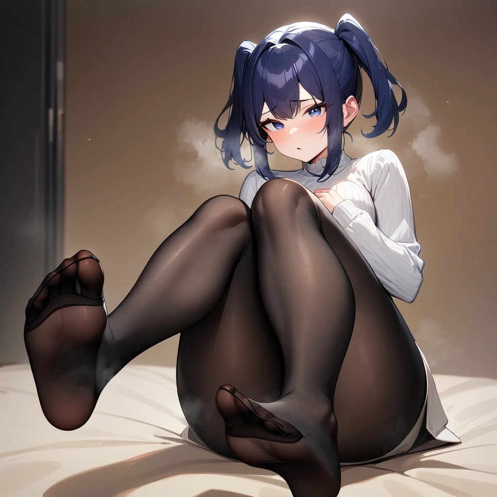 Masterpiece,best quality,very aesthetic,absurdres,(1girl),Solo,sideLOCKS,darkbluehair,two side up,Sitting,(Legs:1),soles,straight-on,Thighs,(tights),(Perfect Anatomy),(Steaming body:1),(Heavy Breathing:1),knees up,masterpiece, best quality, very aesthetic, absurdres,(foot:1.3)