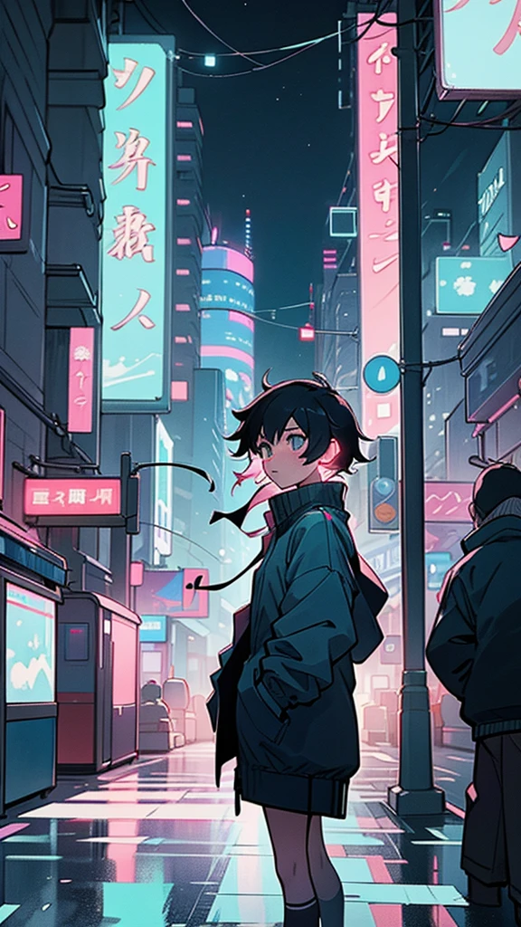 Create a piece of art depicting a city at night。A night cityscape with skyscrapers and neon lights in the background、Give it a stylish vibe reminiscent of relaxed lofi music。Lights and neon signs on the city streets、People on the sidewalk々Draw silhouettes of、The overall calming colors make it relaxing.、Please create an elegant design that evokes the vibrancy of the city. A girl is walking through the city at night.,listening to music on headphones,。 Makoto Shinkai style