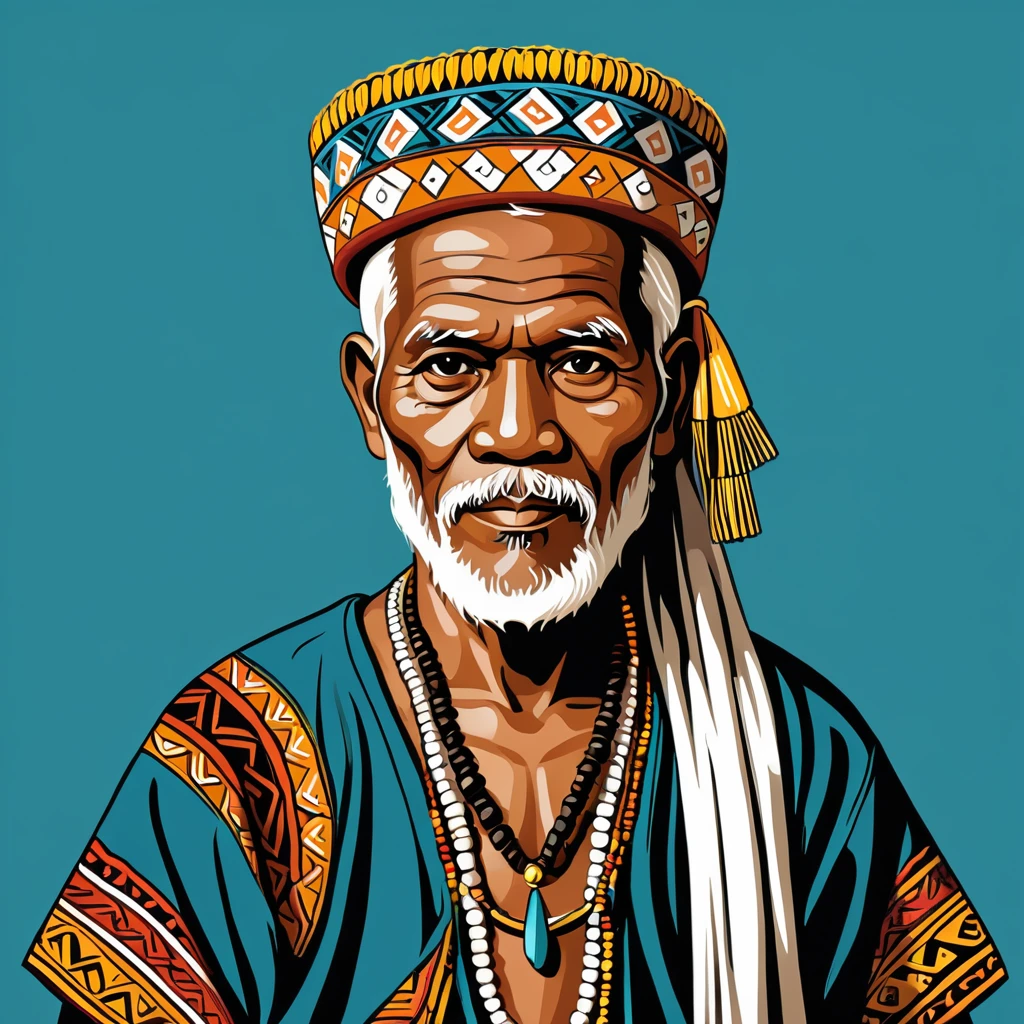very old man in tuvalu folk outfit, vector graphics, strong contours, logo design