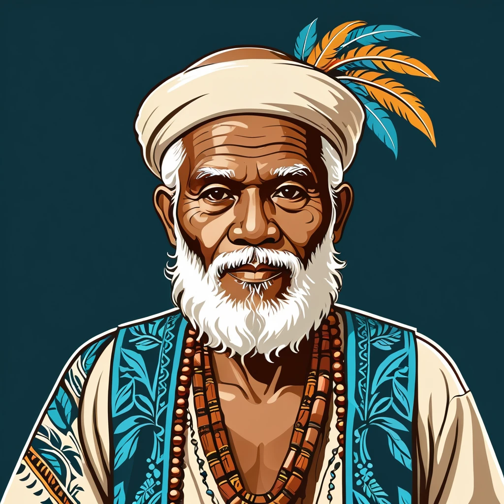 very old man in tuvalu folk outfit, vector graphics, strong contours, logo design
