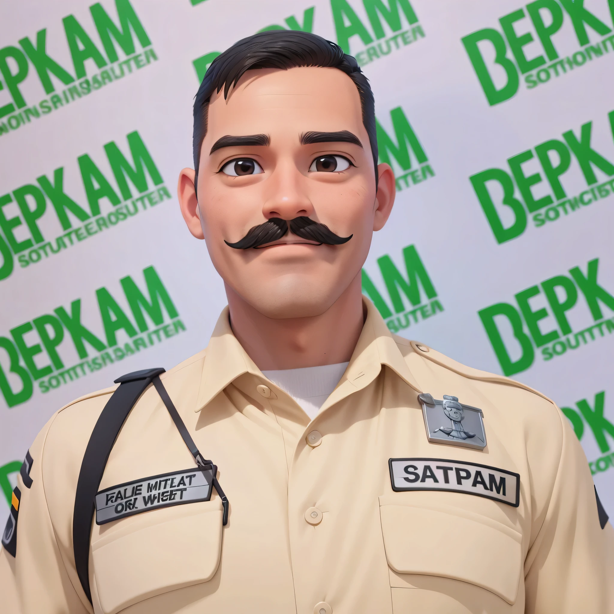 A man, with a mustache, Wearing security officer clothes, half body, smiling cheerfully,  3D cartoon, realistic, detailed, 