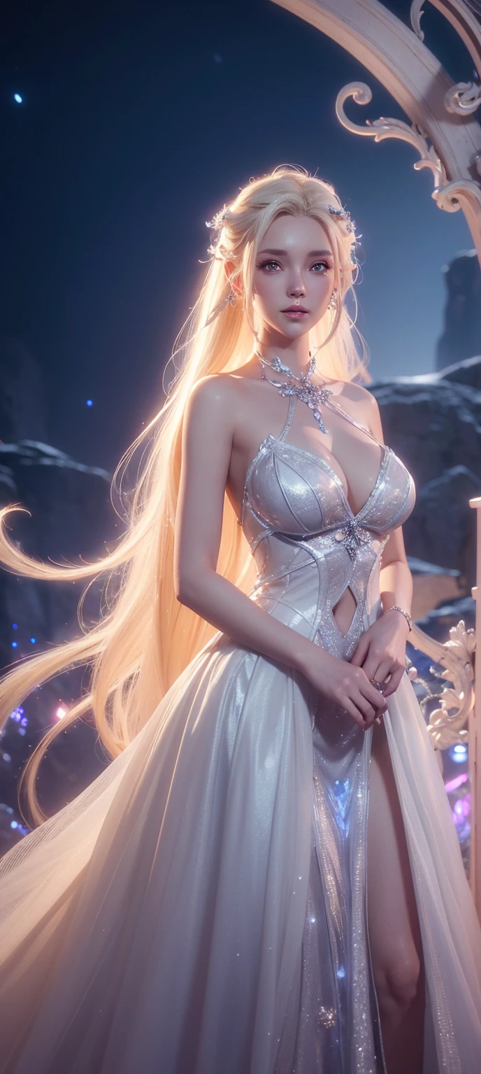 blond woman with white hair and glowing lights, beautiful digital artwork, fantasy gorgeous lighting, gorgeous digital art, stunning digital illustration, digital fantasy art ), 3 d render character art 8 k, a stunning young ethereal figure, 4k highly detailed digital art, ethereal fantasy, very beautiful digital art, beautiful digital art, fantasy digital art, digital fantasy art
