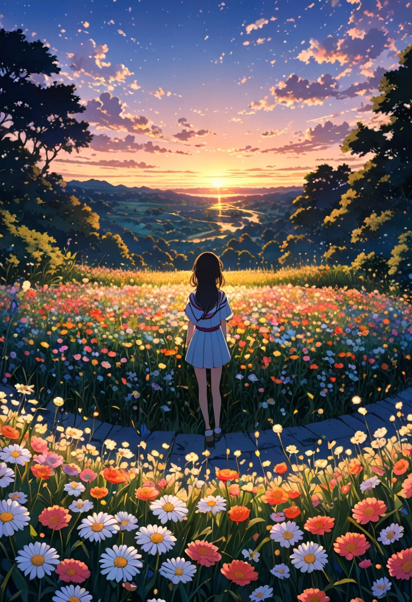 flowers in the middle of a song, Anime, At dusk, rule-of-thirds composition, natural, Pop culture atmosphere, intricate details, high resolution