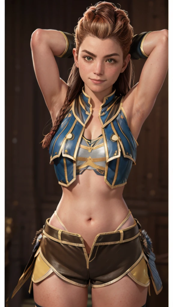 (8k resolution), Aloy, solo, skimpy armor (armored:1.2), no panties, bright smile, scantily clad, midriff showing, underboob showing (underboob:1.2), small breasts (small breasts:1.1), defined thighs showing, strong arms, skin-tight booty shorts, (skin tight shorts:1.5), brown hair, red hair, braids, freckles, hands behind head and showing armpits, contrapposto stance, (correct anatomy:1.3), (perfect pose:1.2), (human anatomy) (whole body portrait:1.4)