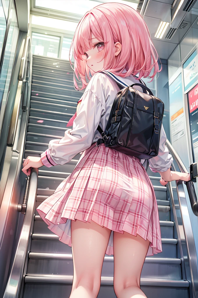 masterpiece, best quality,
 from behind, from below, 
 1girl, pink hair, sailor suit, plaid skirt, white panties, embarrassed face, escalator,