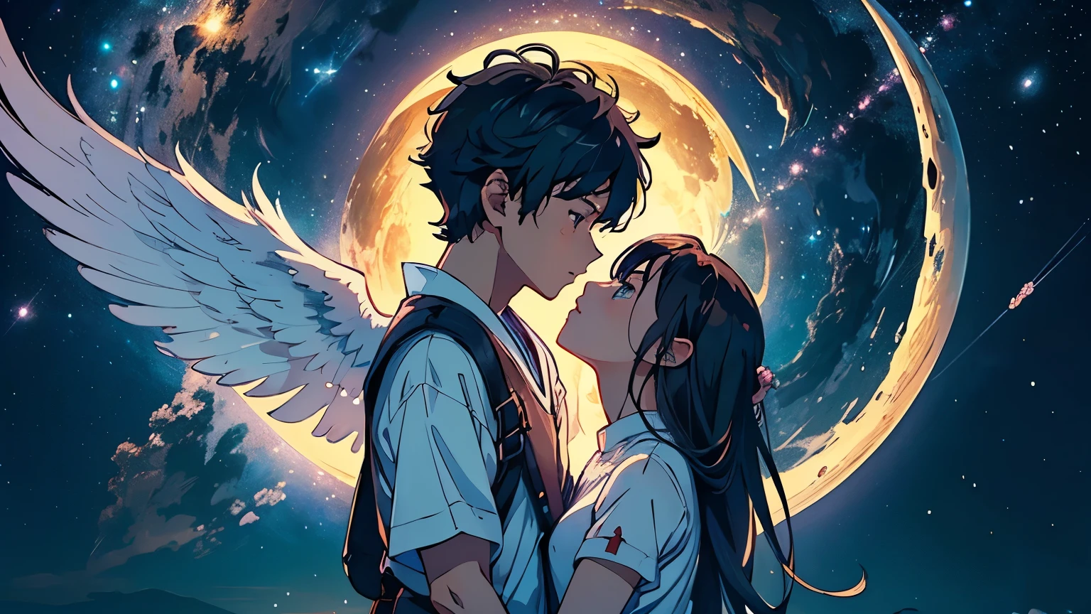 Adventure Romance、(A boy angel confesses his feelings to a girl angel:1.2)、(A boy angel and a girl angel are flying in the sky:1.2)、Draw the whole body、(Between the boy and the girl, the Milky Way flows and the crescent moon floats.:1.2)、(Crescent moon in the starry sky)、(Detailed depiction of a beautiful face)、(Highest quality, masterpiece, High resolution)、4K Anime Art、