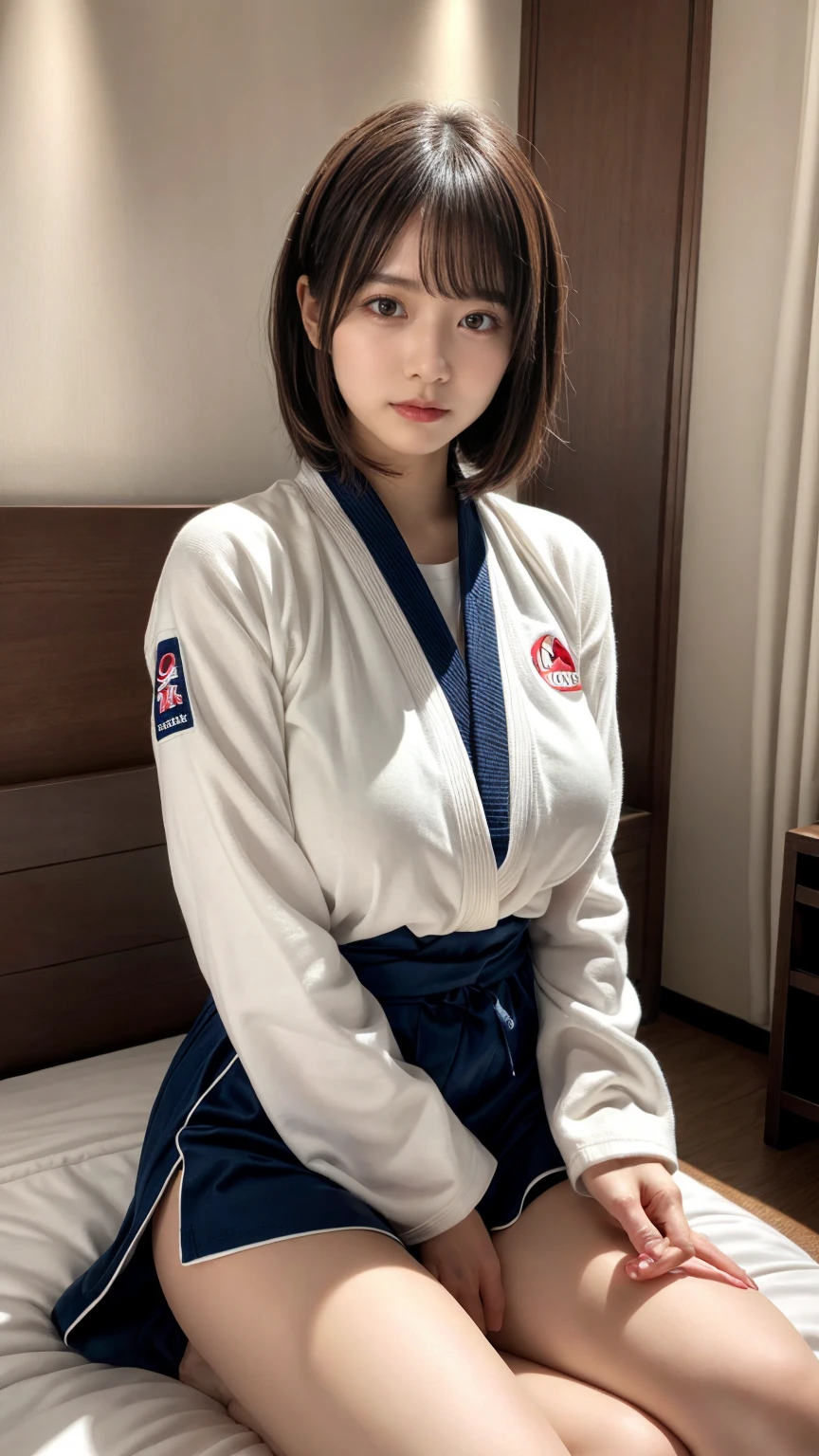 masterpiece, best quality, illustration, Super detailed, fine details, High resolution, 8K,wall paper, perfect dynamic composition,(Details High quality, realistic depiction of eyes:1.3), oversized judo uniform white, sitting, open legs, short bob hair, in a hotel room in the background, large breasts, black hair color, Big Natural Color Lip, (perfect body shape), crying a little、Harajuku style、20 year old girl、cute type、beautiful legs, Gravure Idol