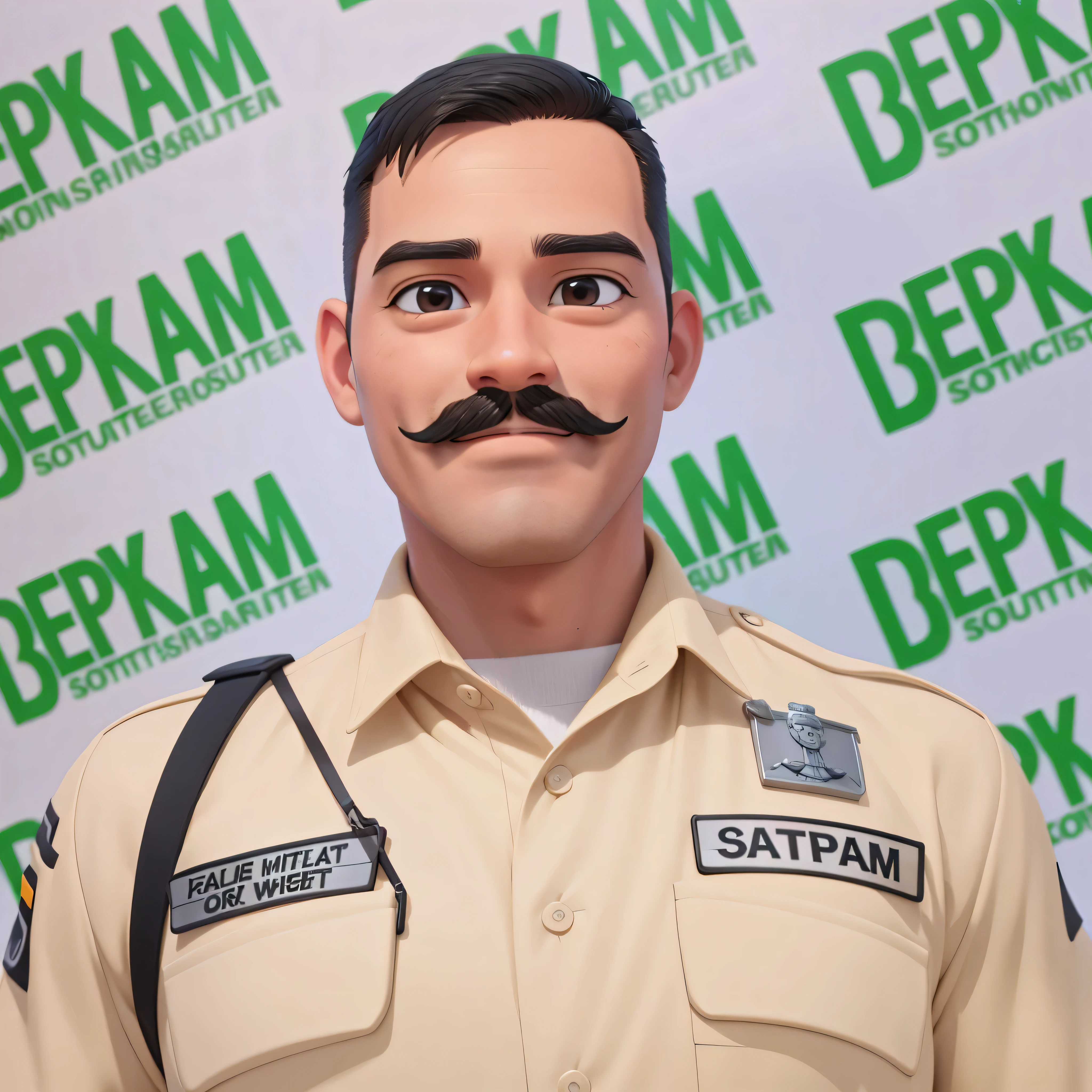 A man, with a mustache, Wearing security officer clothes, half body, smiling cheerfully, 3D cartoon, realistic, detailed,