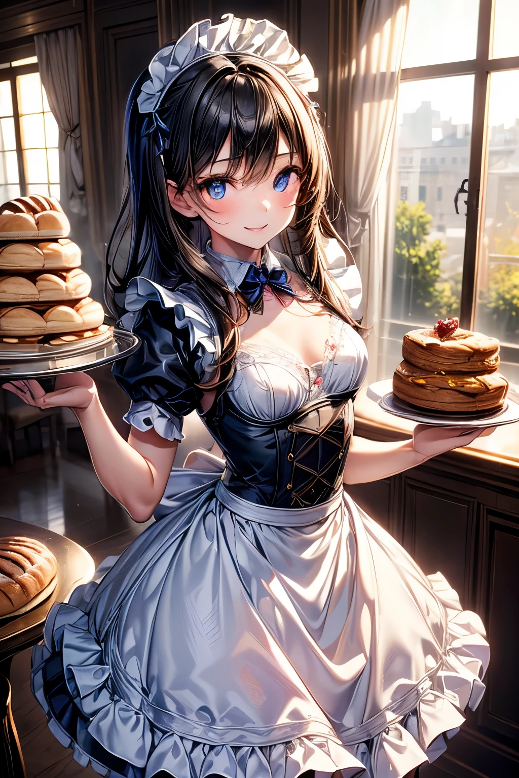 masterpiece,Highest quality,Very detailed,Maid Girl,Maid clothes,Long Skirt, teenager,Perfect Face,smile,Beautiful and detailed eyes,Beautiful Skin,skinny,Small breasts,Dynamic,bakery,Dynamic Angles