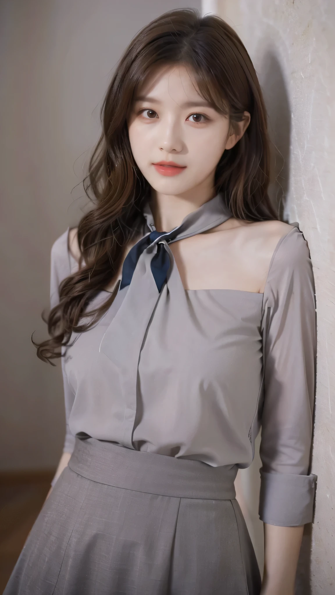 detailed background, masterpiece, best quality, 1 person , curly hair, long hair, purple eyes, star in eye , grey Strapless blouse, long  skirt, grey, tight , grey blouse , beautiful bow, detailed bow, 
