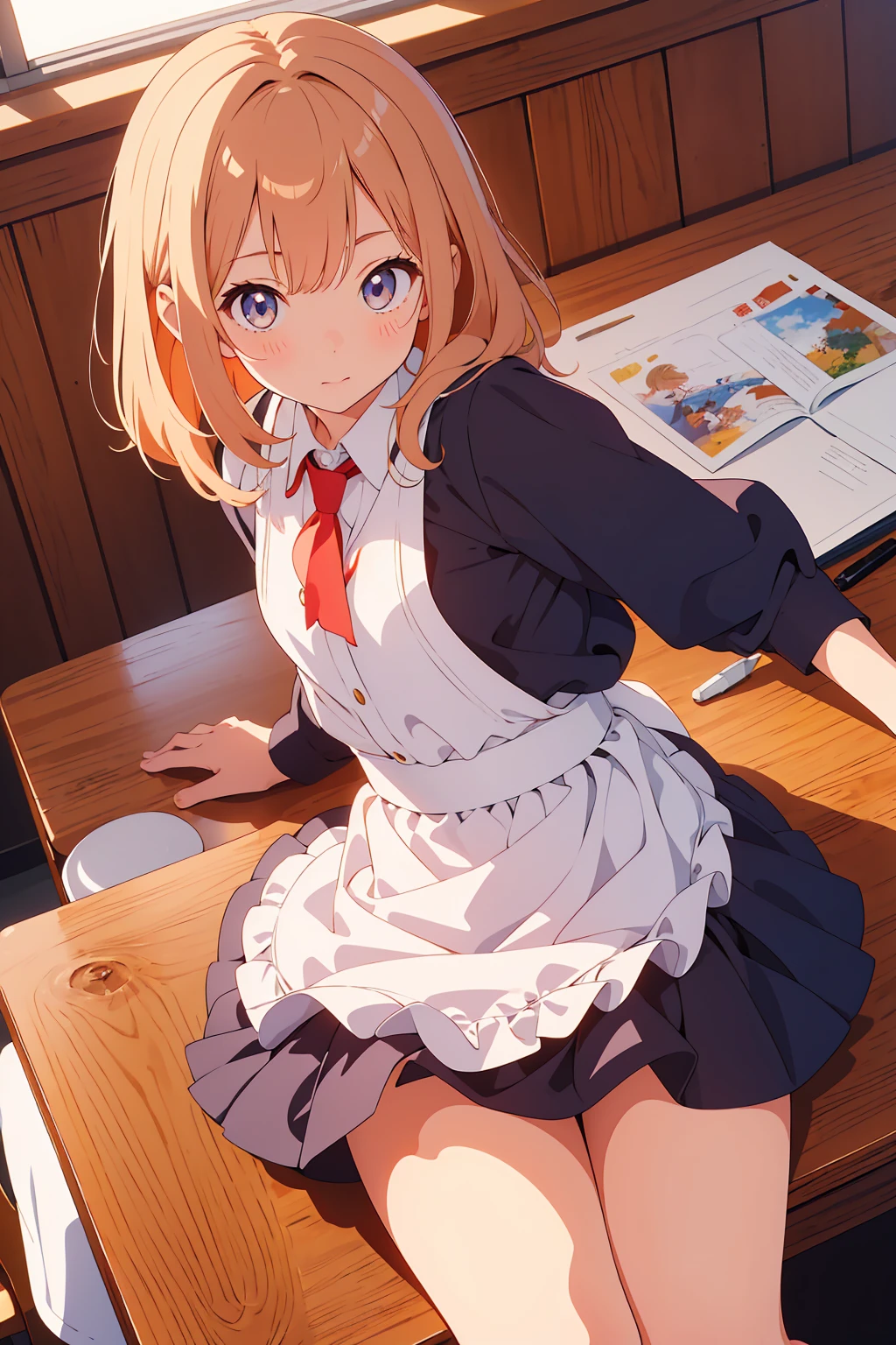 (Highest quality,Tabletop:1.2),(Anime Style,Comic Core:1.1),One Girl,Cute Style,Adorable,Highly detailed eyes,Highly detailed face,Very fine hair,About Hipdar,8k,solve,maid,maid服,mini skirt,Low - Angle,