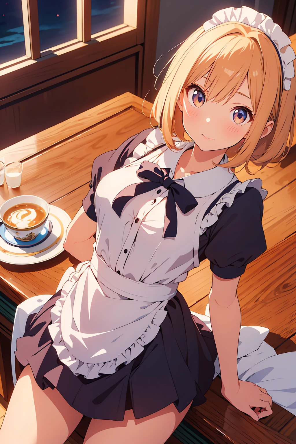 (Highest quality,Tabletop:1.2),(Anime Style,Comic Core:1.1),One Girl,Cute Style,Adorable,Highly detailed eyes,Highly detailed face,Very fine hair,About Hipdar,8k,solve,maid,maid服,mini skirt,Low - Angle,