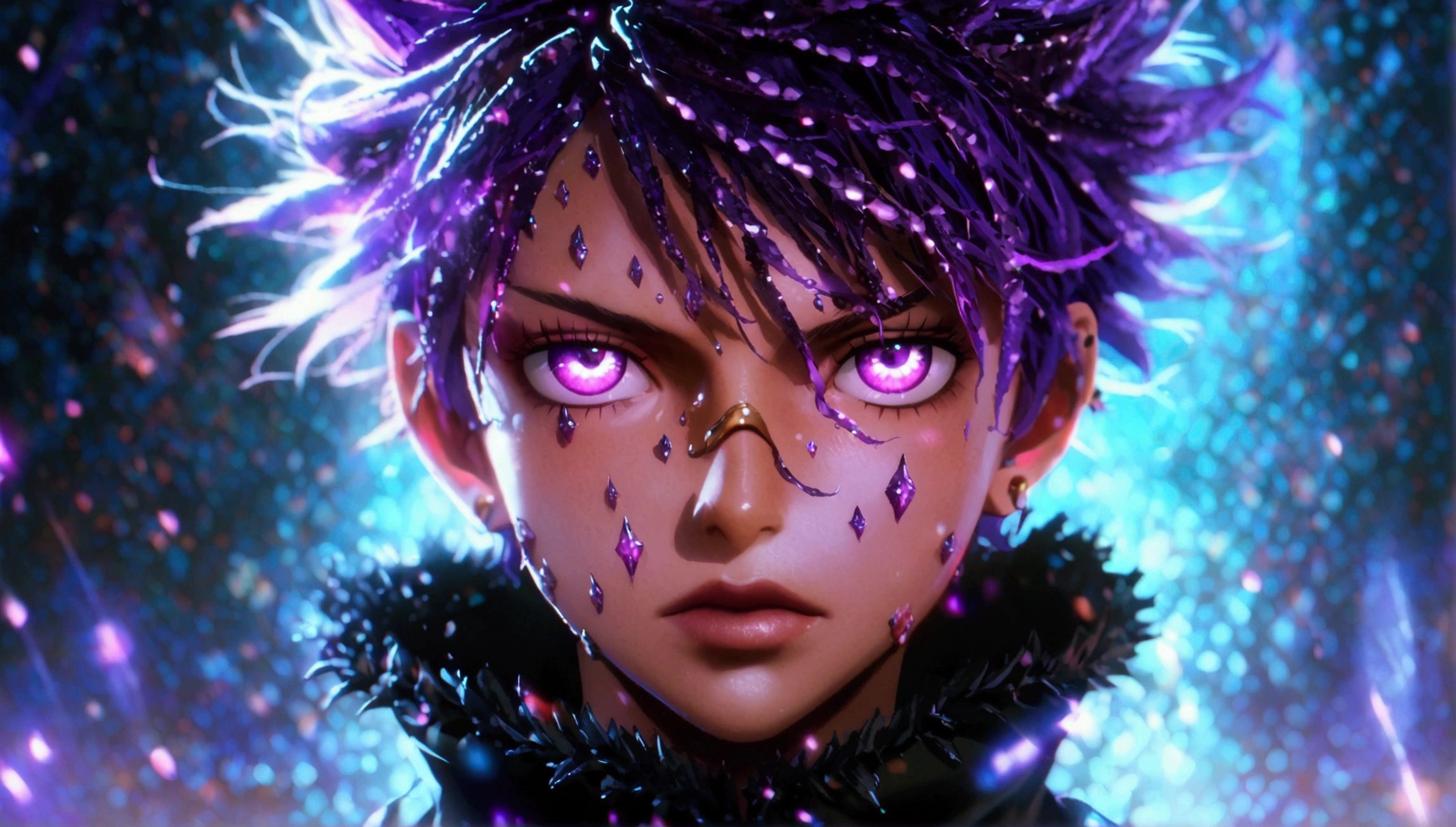 Child, thin body, purple spiky hair, vibrant purple eyes, piercing gaze, black coat with high collar, dark night background, "Anime character design inspired by One Piece, dramatic and impressive lighting, focus on the centralized character, impressive face, full of creative details, ultra-fine 2D design, scenery bathed in creativity, boasting 2D anime resolution clarity, HD anime graphics, high-octane rendering"