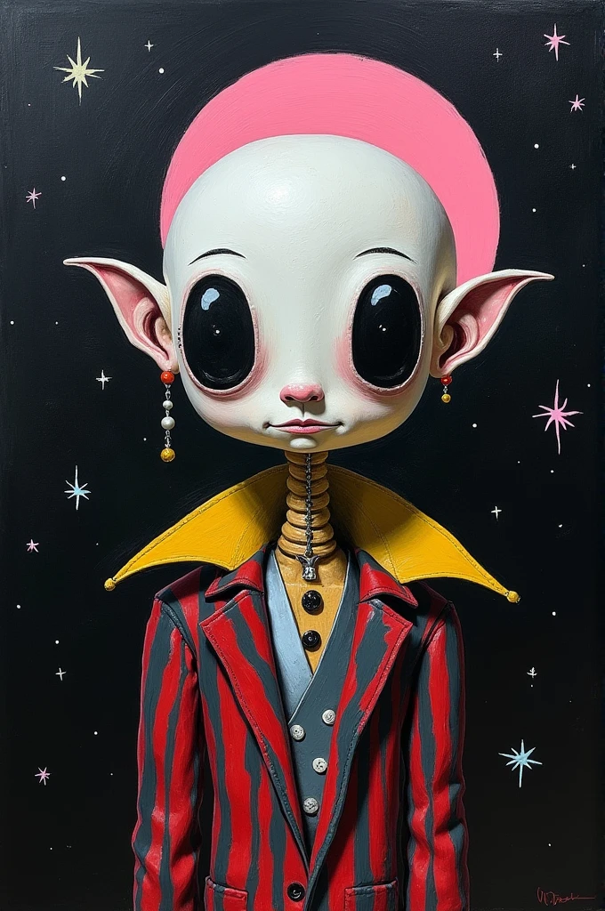 **a oil painting of a albino old men Snoop Dogg humanoid doll harlequin, big head, night, pink moon, black night covered in stars by Jean-Michel Basquiat** - (fast)