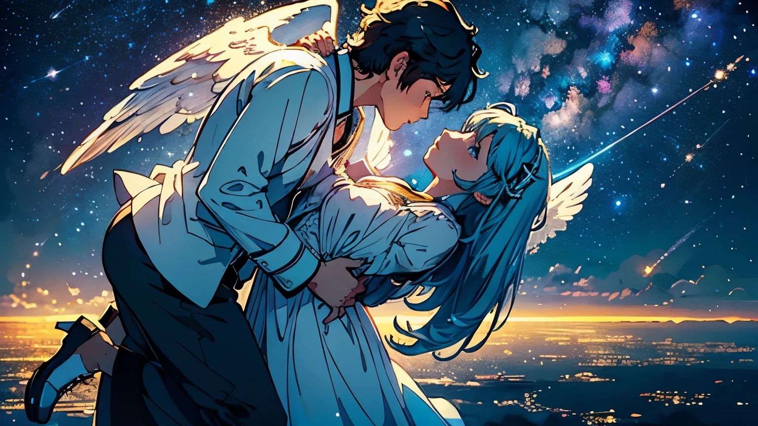 Adventure Romance、(Two angels floating in the starry sky confessing:1.2)、(Angels flying in the sky:1.2)、Draw the whole body、(Between them the Milky Way flows and the crescent moon floats:1.2)、(Crescent moon in the starry sky)、(Beautiful face and detailed overall appearance)、(Highest quality, masterpiece, High resolution)、4K Anime Art、