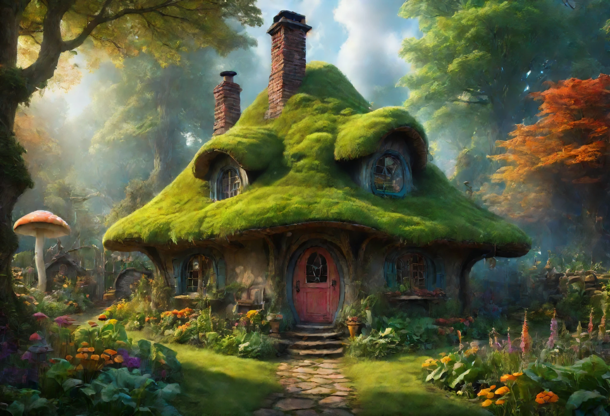 Cozy witch cottage deep in the fantasy forest, Comes with a bouncing mushroom roof, Thick smoke billowed from the chimney, and a giant, wonderfully well-tended vegetable garden，Style similar to john constable Surreal, 8K, bright colors, Clear and sharp images